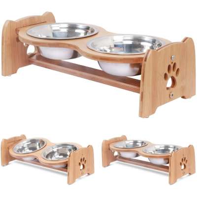 Raised Pet Bowls,Adjustable Bamboo Elevated Dog Cat Food and Water Bowls Stand Feeder with 2 Stainless Steel Bowls