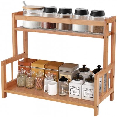 2 Tier Bamboo Spice Rack Organizer Kitchen Countertop Storage Shelf Free Standing Holder Under Cabinet Bathroom for Various Bott