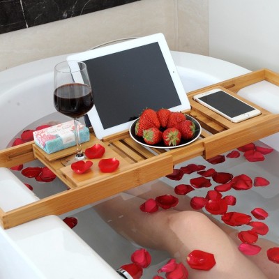 Bamboo Bathtub Caddy Tray (Extendable) Spa Organizer with Folding Sides