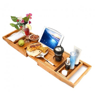 Foldable bamboo bathtub caddy tray and laptop desk with adjustable legs